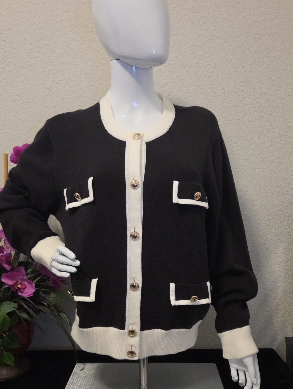 Ann Taylor Black Cardigan with Cream Trim and Gold Buttons